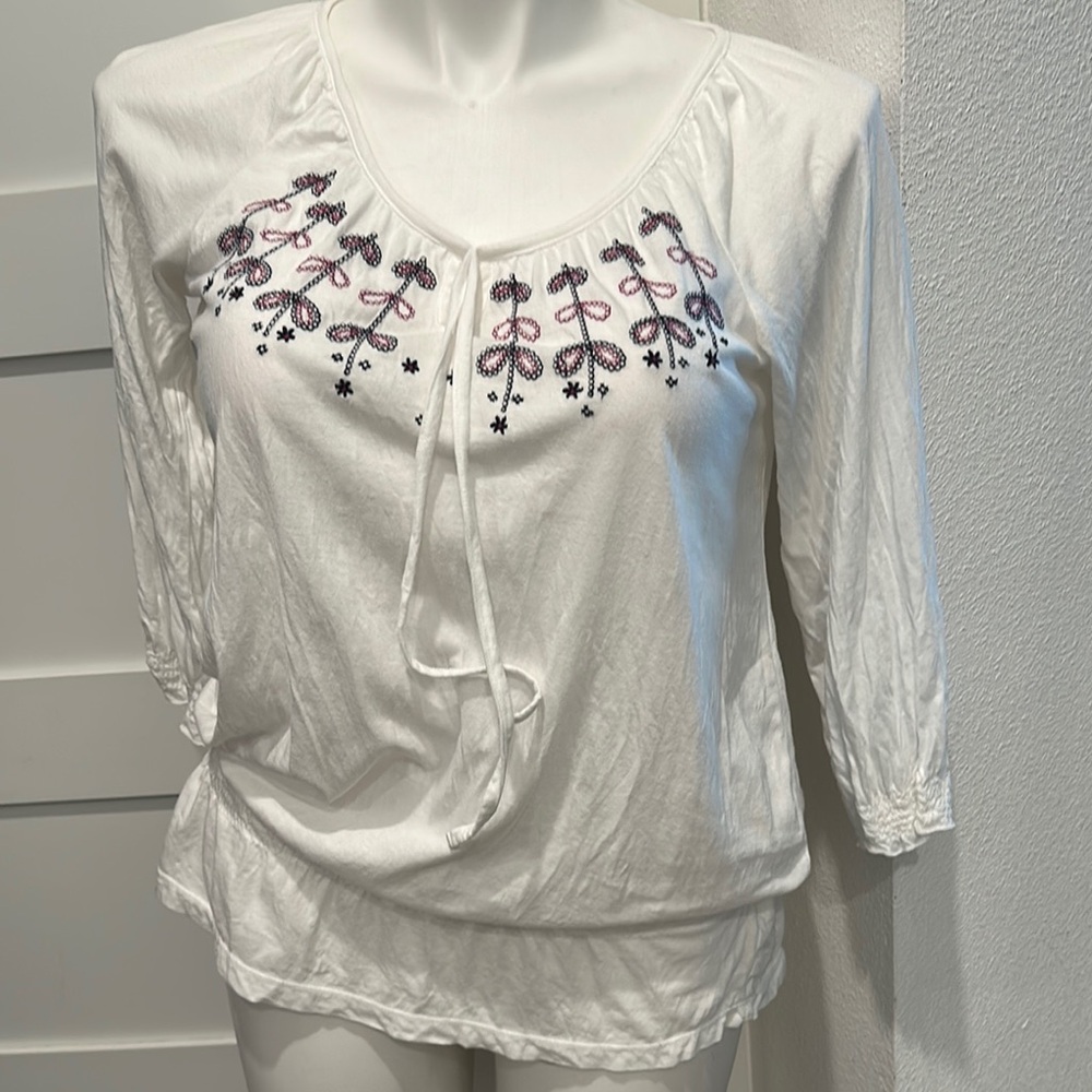 Izod White Blouse with Pink and Purple Embroidery
